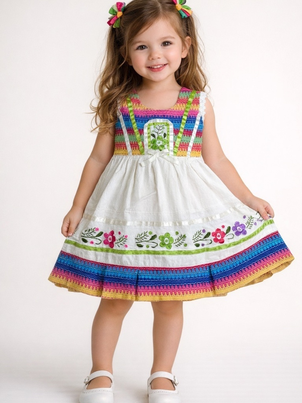White Dress with Rainbow Trim & Floral Embroidery - Kids Casual Dress